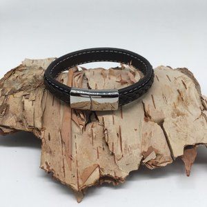 Men’s Brown Leather Bracelet with Stitching and Sliding Stainless Steel …